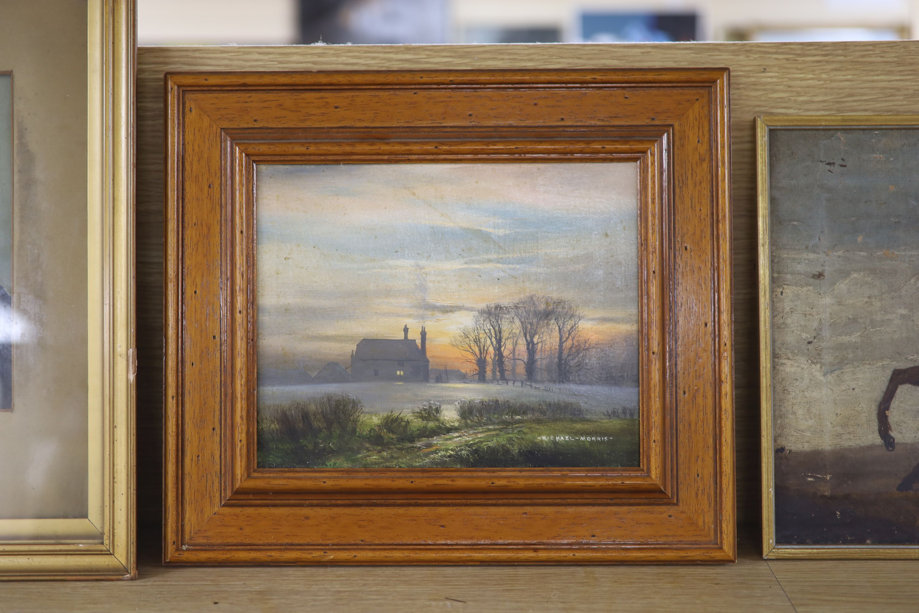 Michael Morris (1942-), oil on canvas, House in winter at sunset, signed, 20 x 25cm